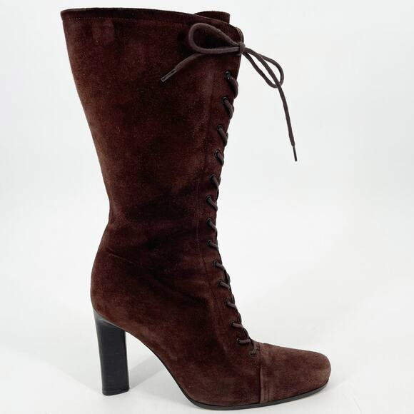 Vintage Prada Brown Suede Lace Up Square Toe High Heel Mid Calf Boots IT 37 - Picture 2 of 12